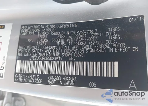 2011 Toyota 4Runner Sr5 V6 из США, поврежденный, VIN JTEZU5JR6B5023905